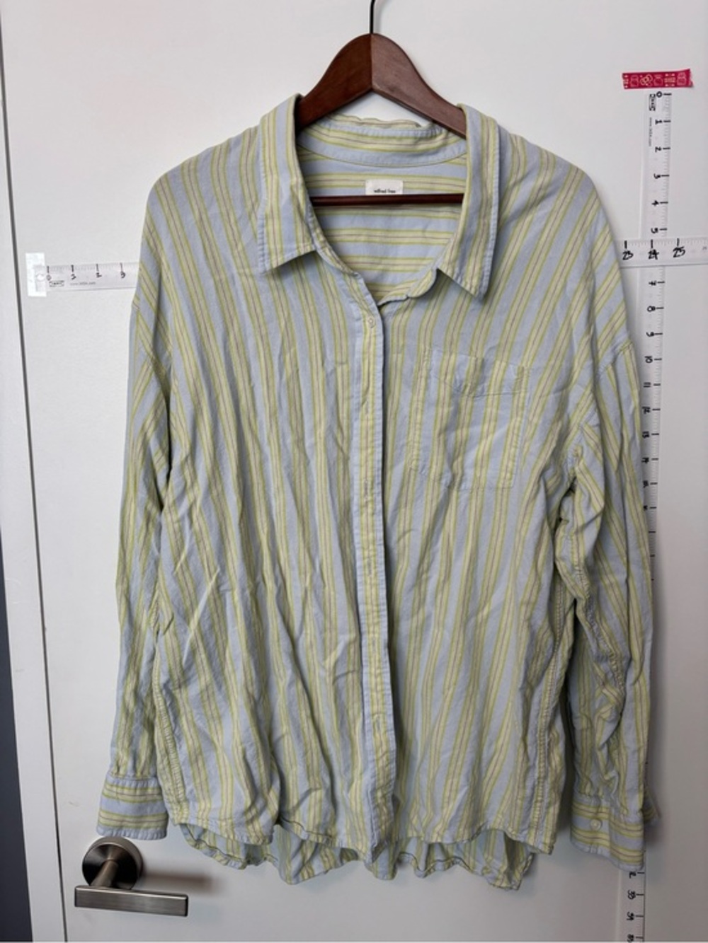 Wilfred Free Aritzia Light Blue & Lime Stripe Linen-Blend Shirt